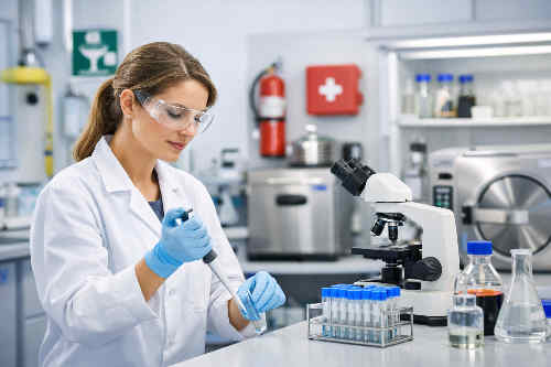 Sicher und effizient arbeiten im Labor: aufgeräumter Arbeitsplatz mit Schutzausrüstung und Laborgeräten